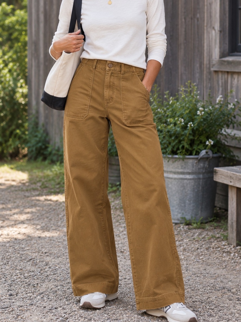 Everlane Wide Leg Patch Pocket Pants Size 2 Brown High Rise Cotton Stretch Twill